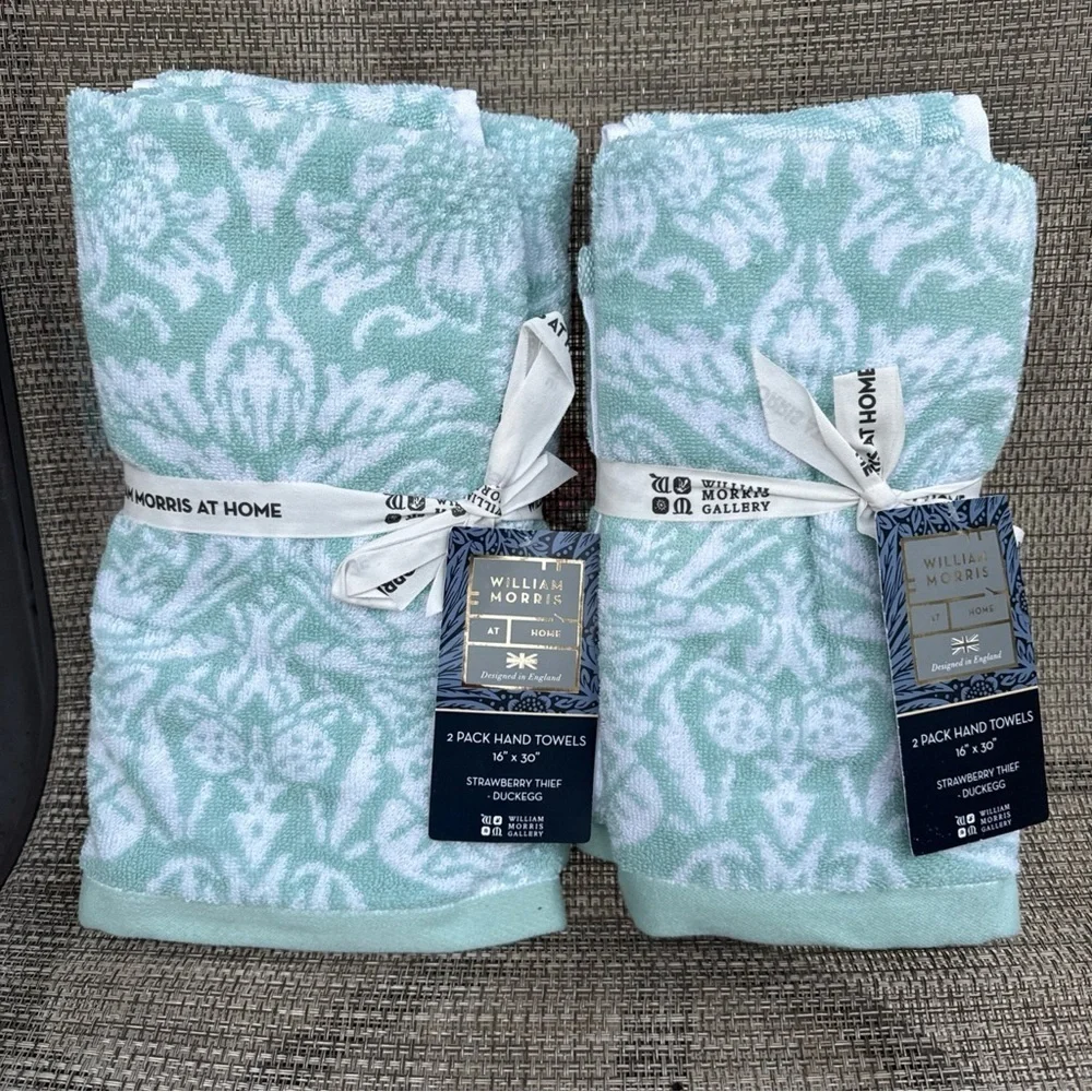 William Morris STRAWBERRY THIEF Duckegg Teal Floral Cotton Hand Towel Set 4pc